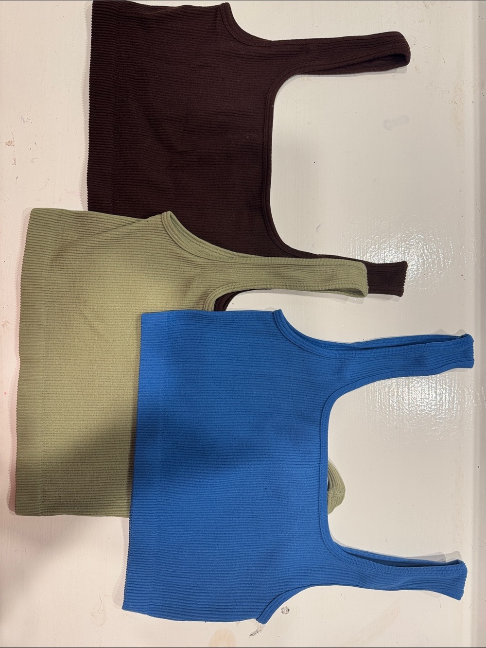 CottonOn Ribbed Tank Crop Tops (3) - Blue, Olive & Brown